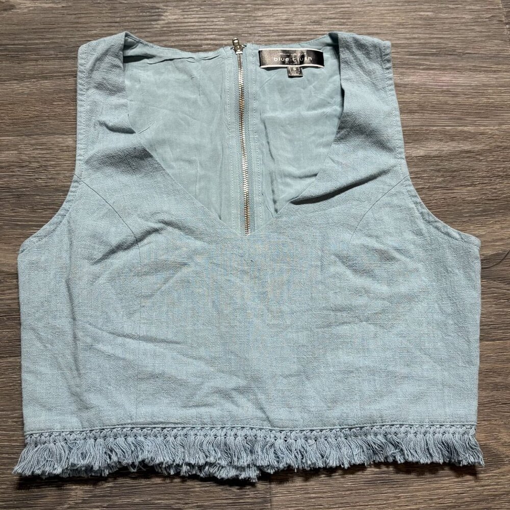 NEW Small Light Blue Crop Tank Top Fringe Hem Back Zip Boho Festival Hippie